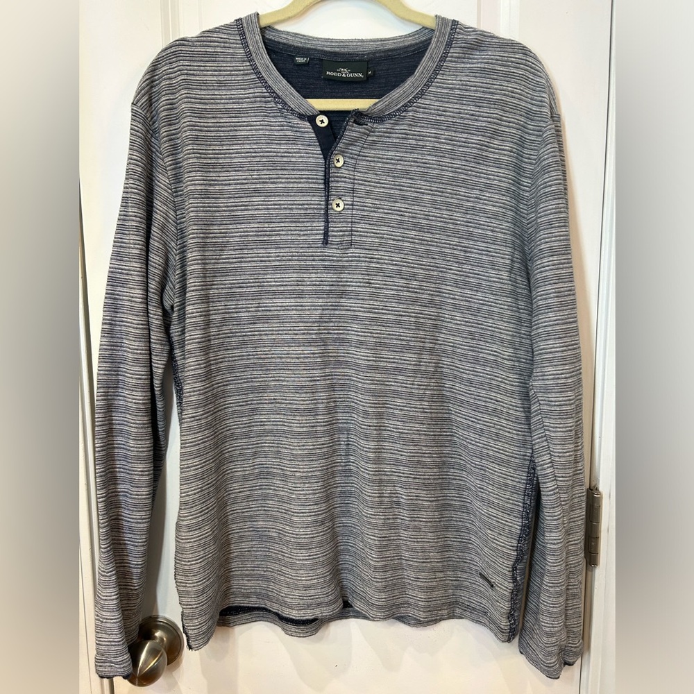 Rodd & Gunn Mens Henley‎ Shirt Medium Blue Grey Striped Long Sleeve Cotton
